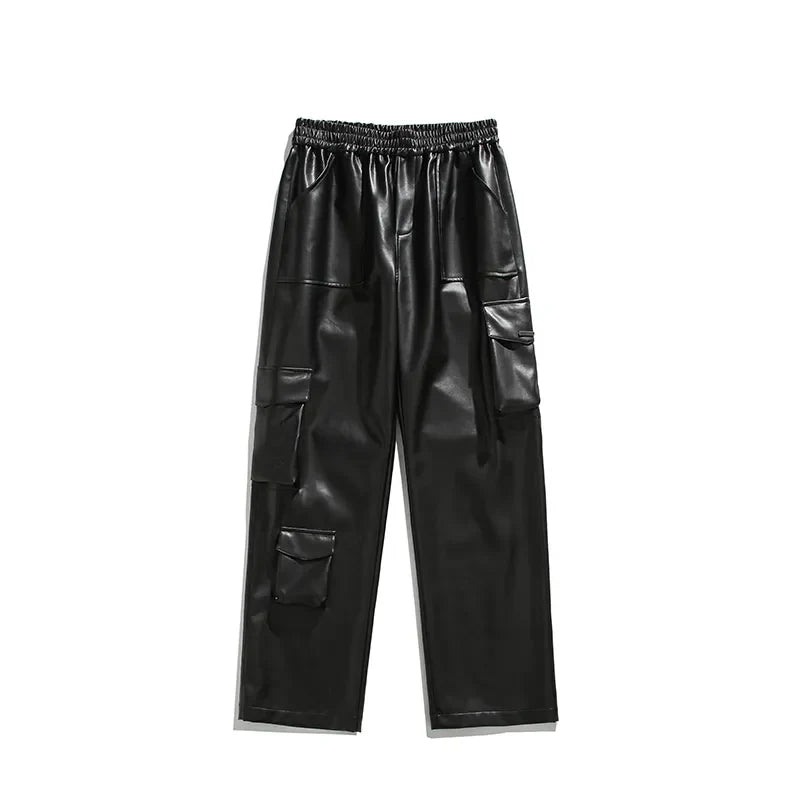 maoxiangshop Men's Leather Motorcycle Cargo Pants Multi-Pockets Black PU Pants Men Elastic Waist Mopping Trousers All-match Windproof