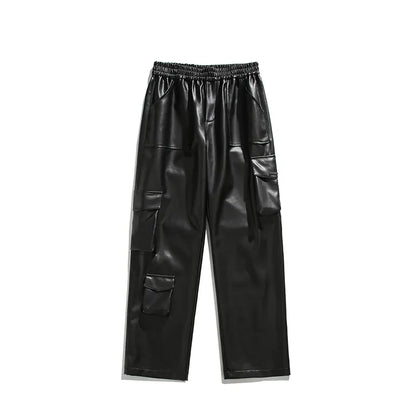 maoxiangshop Men's Leather Motorcycle Cargo Pants Multi-Pockets Black PU Pants Men Elastic Waist Mopping Trousers All-match Windproof