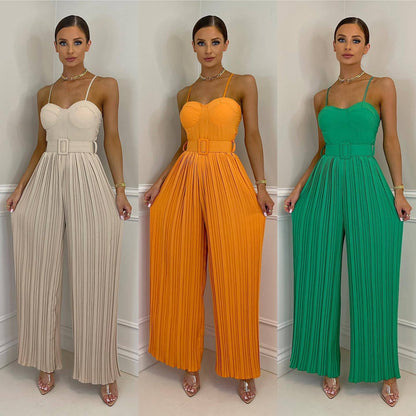 maoxiangshop Summer Casual Suspenders Long Jumpsuit Women Sexy Fashion Solid Sleeveless Sashes Pleated Wide Leg Jumpsuit Orange Female