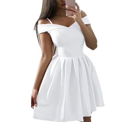 maoxiangshop Elegant Women Long Sleeve V Neck Off Shoulder Large Swing Ruffled Hem Mini Dress