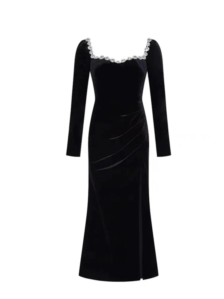 Autumn Winter Women Elegant Evening Prom Party Velvet Midi Dress Vintage Bodycon Square Collar Black Robe Formal Vestidos