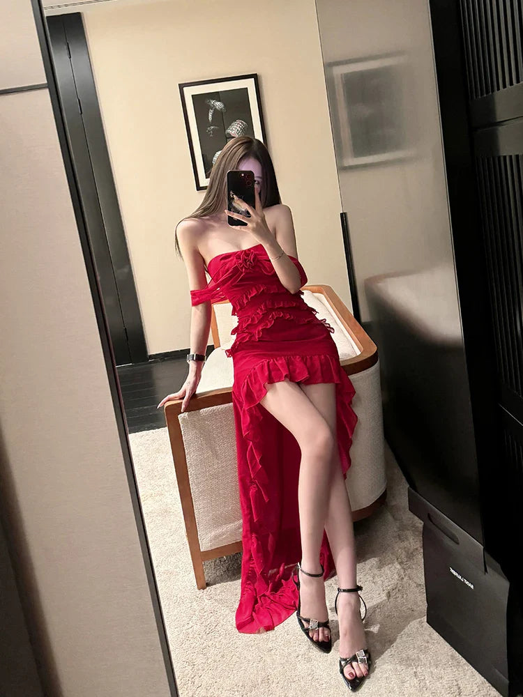 maoxiangshop  Summer Chiffon Irregular Red Split Dress Sexy Sleeveless Fashion Even Party Dress Wedding French Elegant Slim Dress Woman