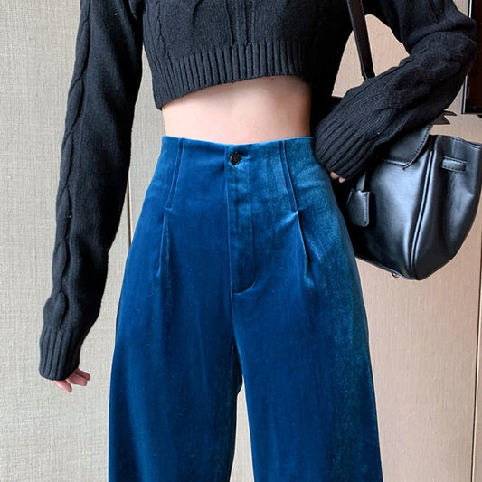 maoxiangshop Winter Velvet Elegant Pants Women Solid Casual Korean Style Wide-legged Pants Loose Casual Designer High-waist Trousers New