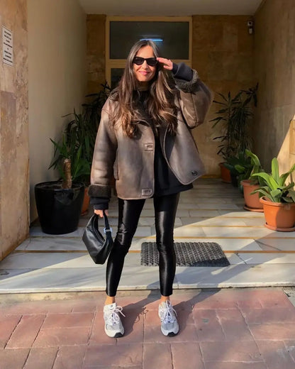 maoxiangshop -  Winter Faux Fur Thick Lapel Coat For Women Long Sleeve Jacket Female Warm PU Overcoat Ladies With Pockets Streetwear