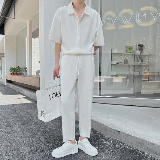 maoxiangshop Summer Pleated Sets Men Fashion Black/White Casual Ice Silk Suit Men Korean Short-sleeved Shirt/Trousers Two-piece Mens Set