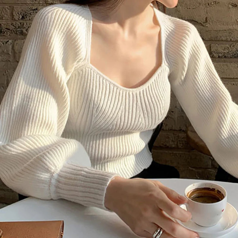 maoxiangshop Women Casual Office Sweaters Square Collar Solid Elegant Sweater Lantern Long Sleeve Knit Jumpers Women Fall Winter