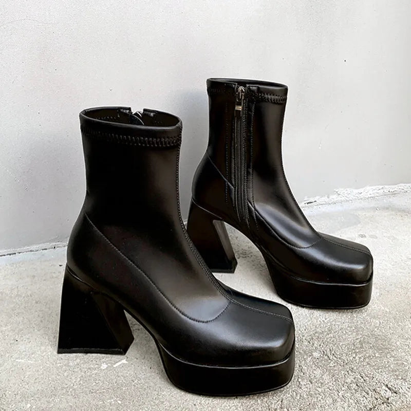 maoxiangshop  -  Chunky Chelsea Boots Winter Women Platform Shoes Zipper High Heels Square Toe Ankle Boots Pumps Punk Sexy Motorcycle Botas