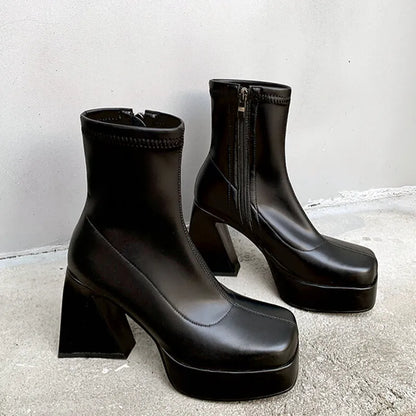 maoxiangshop  -  Chunky Chelsea Boots Winter Women Platform Shoes Zipper High Heels Square Toe Ankle Boots Pumps Punk Sexy Motorcycle Botas