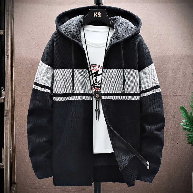 maoxiangshop WINTER OUTFITS Autumn Korean Hooded Men's Sweater with Thick and Velvet Men Cardigan Knitted Sweater Coat Stripe Jacket Male M-4XL
