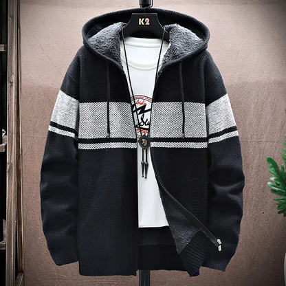 maoxiangshop WINTER OUTFITS Autumn Korean Hooded Men's Sweater with Thick and Velvet Men Cardigan Knitted Sweater Coat Stripe Jacket Male M-4XL