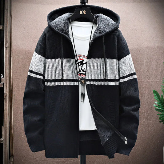 maoxiangshop WINTER OUTFITS Autumn Korean Hooded Men's Sweater with Thick and Velvet Men Cardigan Knitted Sweater Coat Stripe Jacket Male M-4XL