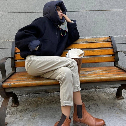 maoxiangshop  -  Zipper Panelled Women's Jackets With Hoodies Casual Drawstring Long Sleeved Jacket Female Autumn Winter Short Loose Outwear Tops