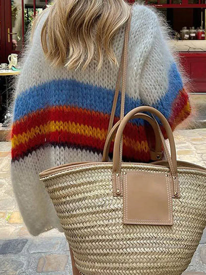 maoxiangshop  -  Color Striped Contrast Cardigan Women Autumn Long Sleeve Open Front Sweater 2024 New Streetwear Fashion Knitted Jumper Outerwear