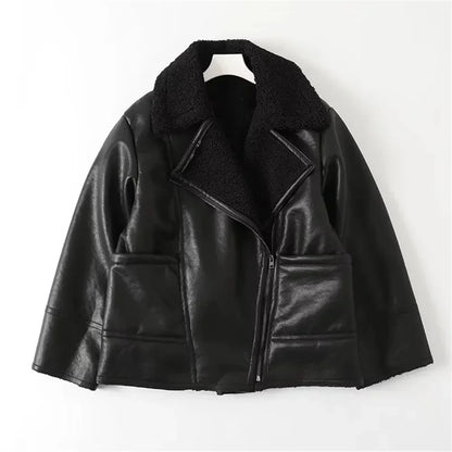maoxiangshop  -  Autumn Winter Women Warm Black Zipper Faux Leather Jacket Coat Loose Turn Down Collar Thickness Overcoat Female Outwear