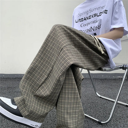 maoxiangshop Summer/Autumn Plaid Pants Men Loose Casual Straight Trousers for Male/Female Harajuku Hip-hop Streetwear Wide-leg Mopping Pants