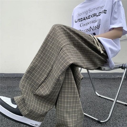 maoxiangshop Summer/Autumn Plaid Pants Men Loose Casual Straight Trousers for Male/Female Harajuku Hip-hop Streetwear Wide-leg Mopping Pants