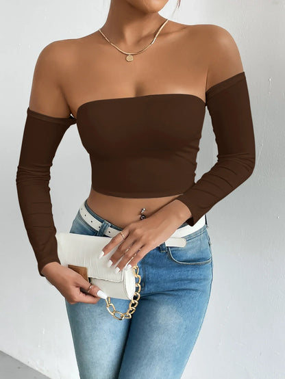 maoxiangshop Off Shoulder Crop T-Shirt, Casual Long Sleeve Top For Spring & Fall, Women's Clothing