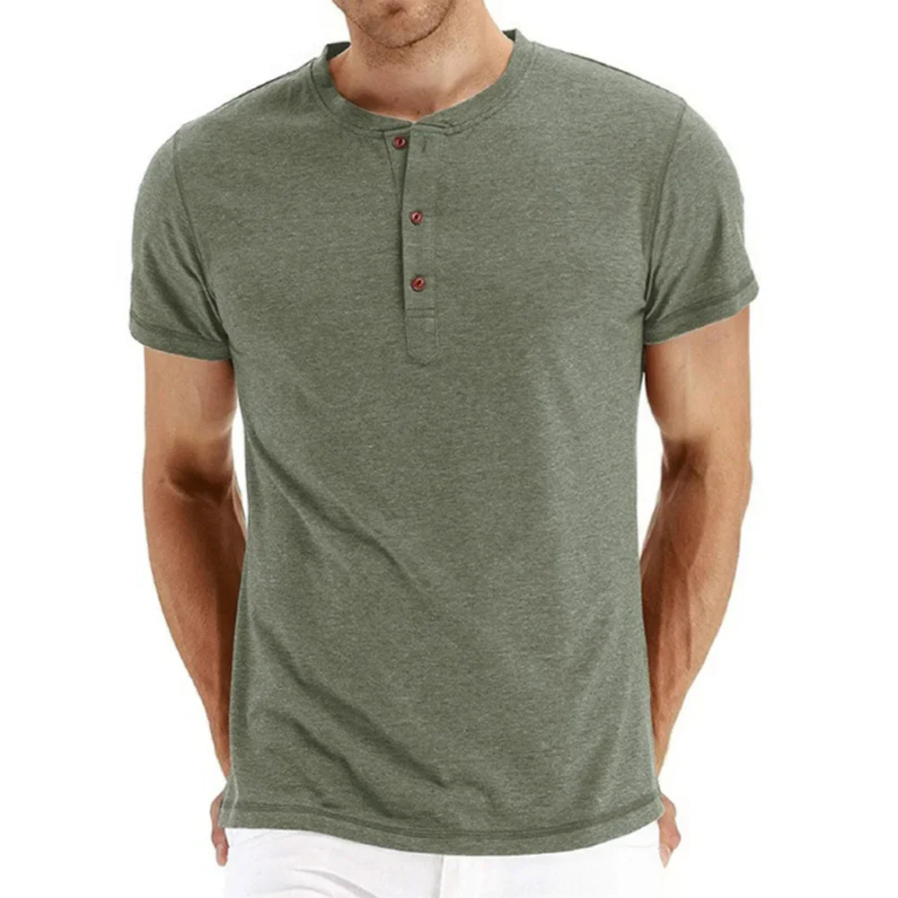 maoxiangshop Brand Quality Cotton Men T-shirt Henry Neck Fashion Design Slim Fit Solid T-shirts Male Tops Tees Short Sleeve T Shirt For Men
