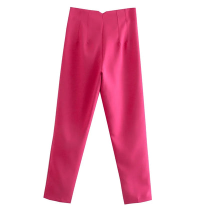 maoxiangshopWomen Light Blue Chic Fashion Office Wear Straight Pants Vintage High Waist Zipper Fly Female Trousers Fashion