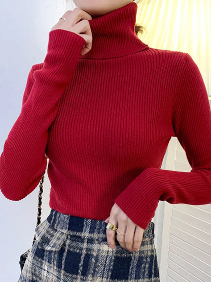 maoxiangshop New Women Pullover Turtleneck Sweater Autumn Long Sleeve Slim Elastic Korean Simple Basic Cheap Jumper Solid Color Top