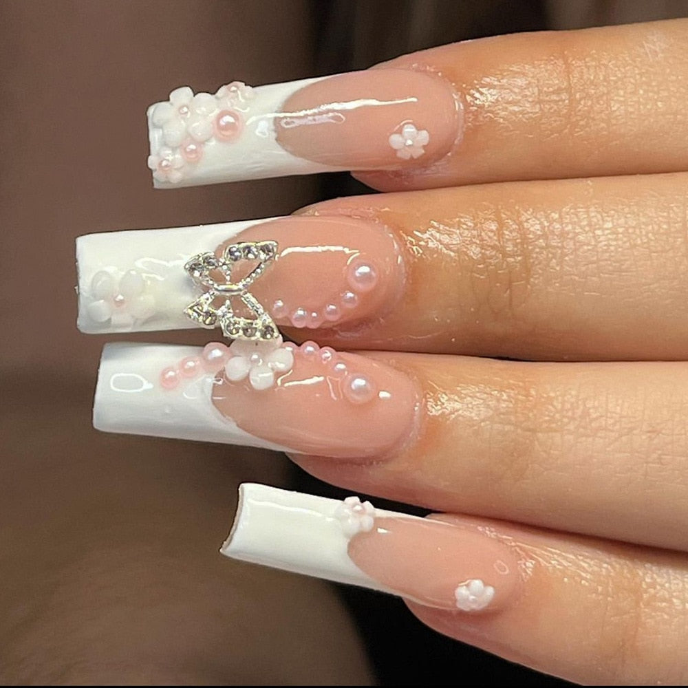 24Pcs Pink Flower Wearable False Nail Tips Long Square Fake Nail with Rhinestone Design Acrylic Coffin Full Cover Press on Nails