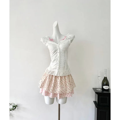 New French Elegant Fashion Women Outfits 2 Piece Skirts Set Casual Solid Blouse + Sweet Sexy Print Y2k  Mini Skirt Hot Girl