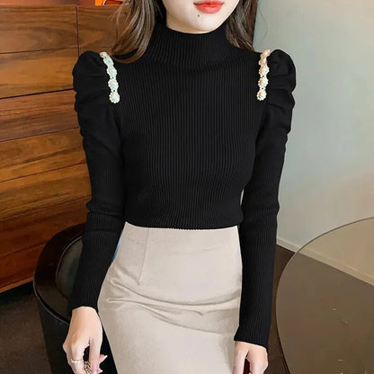 maoxiangshop Pearls Puffe Sleeve Knit Sweater Women Autumn Winter Pleated Slim Fit Knitwear Woman Half High Neck Pullovers Female