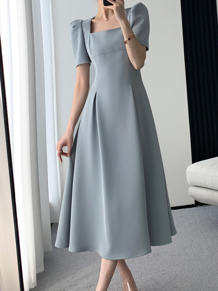 maoxiangshop Vintage Square Collar Casual French Midi Dress for Women Elegant Party Ladies Pleated A-Line Femme Fashion Bodycon Dress Summer