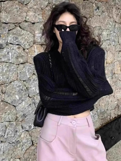 maoxiangshop  -  Unique Design Hollow V-Neck Sweater Women's Autumn And Winter Solid Color Versatile Slimming Knit Sweater