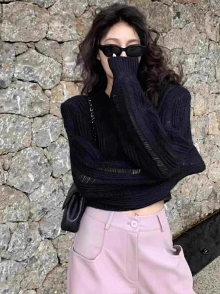 maoxiangshop  -  Unique Design Hollow V-Neck Sweater Women's Autumn And Winter Solid Color Versatile Slimming Knit Sweater