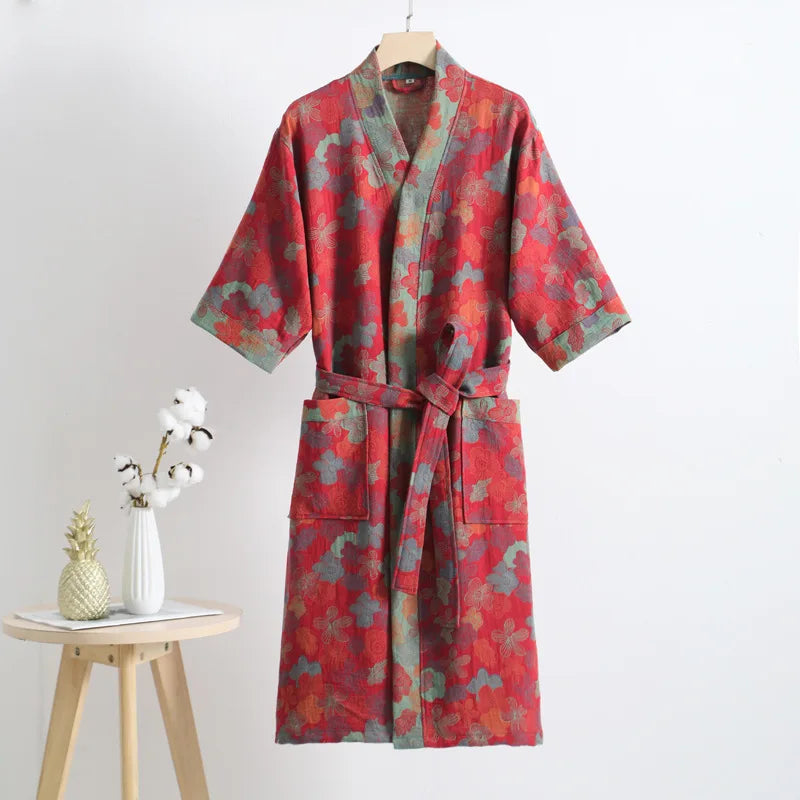 Couple's Dressing Gowns Vintage Print Loungewear Double Layer of Cotton Bathrobes Women's Pajamas Absorb Water and Dry Quickly