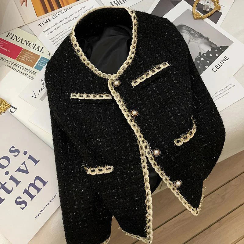 Vintage Black Tweed Jacket Women Elegant Cropped Quilted Coat Korean Commute Blazer Winter Ladies Thicken Short Outerwear