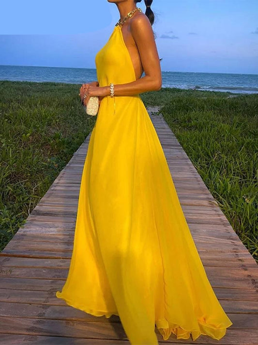 maoxiangshop Elegant Backless Yellow Dress Women Chain Halter Neck Sleeveless High Waist Sexy Midi Dresses Summer Party Vestidos
