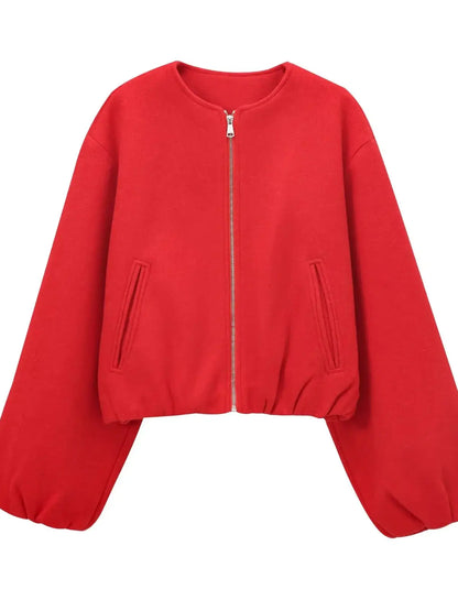 maoxiangshop  -  2024 Women's Fashion Autumn/Winter Soft Bomber Jacket Women Retro Round Neck Long Sleeve Elastic Hem Zipper Female Coat