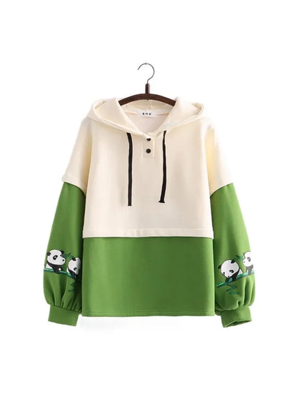 maoxiangshop Kawaii Panda Embroidery Fleece Women Hoodies Patchwork Drawstring Hooded Sweatshirt Winter Female Pullover Cute Tops