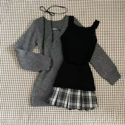 maoxiangshop  -  Women Clothing Autumn New Retro V-neck Sweater Knitted Pullover Top Strap Tank Top High Waist Slim Short Skirt Three Piece Set