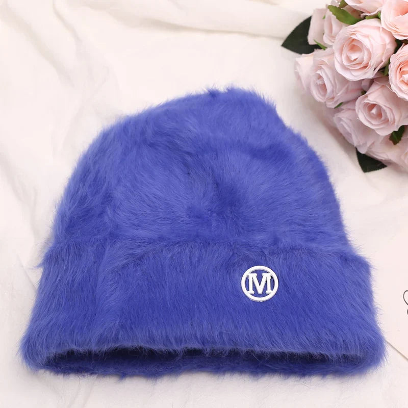 maoxiangshop New Fashion Rabbit Fur Y2k Beanies for Women Soft Warm Fluffy Angola Winter Hat Female Windproof Bonnet Hat Skullies Cap