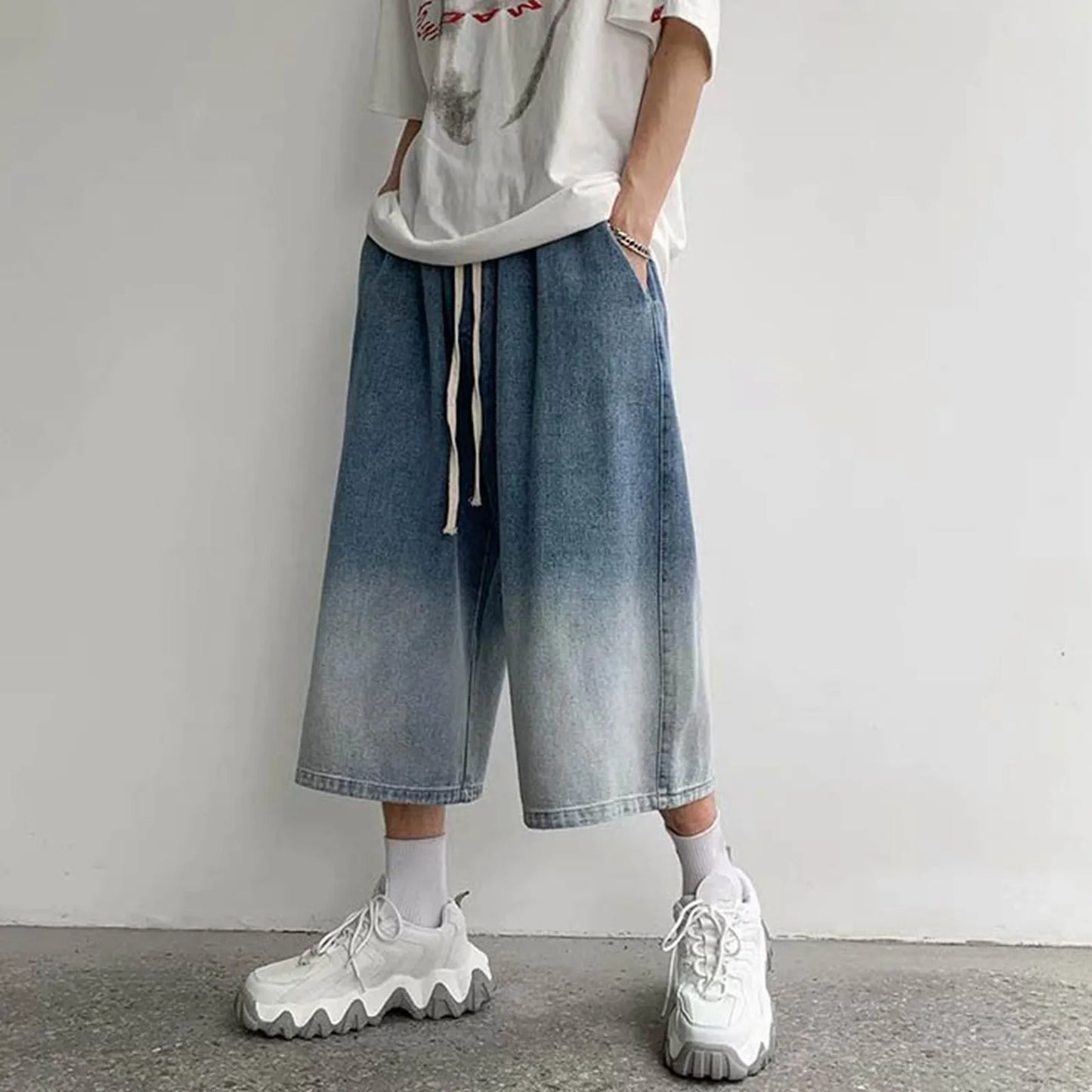 maoxiangshop 2024 New Summer Men's Denim Shorts Casual Summer Shorts Elastic Waist Wide Leg Shorts Drawstring Baggy Jeans Shorts Male Summer