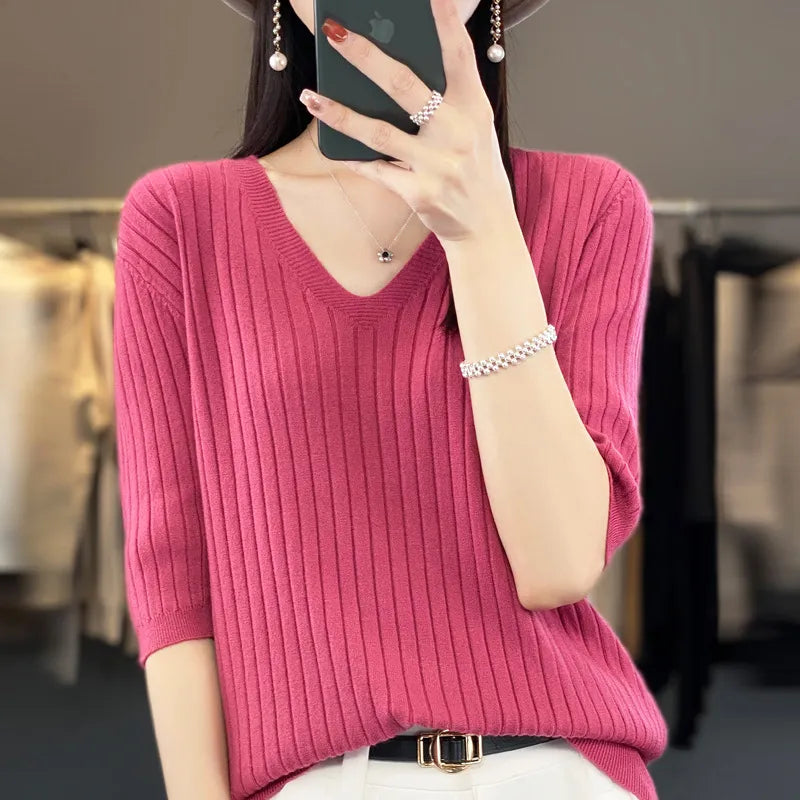 Women Sweater Short Sleeve V-neck Stripe Knitwears Slim Fit Shirt Korean Fashion Pullovers Thin Knit Tops 2023 Bottoming Shirts