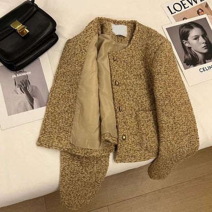 Vintage Tweed Jacket Women Cropped Quilted Coat Winter Elegant Blazer Ladies Korean Thicken Chic Short Suit Outerwear New