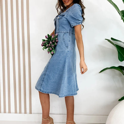 maoxiangshop Elegant Square Neck Single Breasted Slim Dress Summer Short Sleeved Commuting Women's Dress New Temperament Pocket Denim Dresses