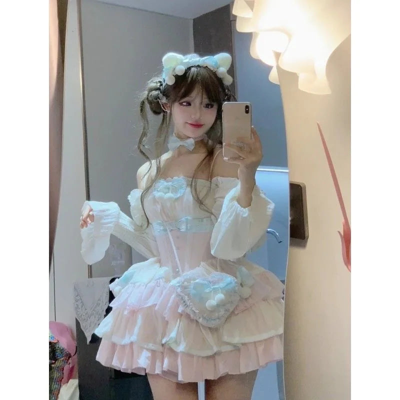 maoxiangshop  -  Autumn Lolita Kawaii Bow Dress Women Japanese Sweet Princess Dress Female Korean Fashion Print Cute Party Mini Dress 2024 New