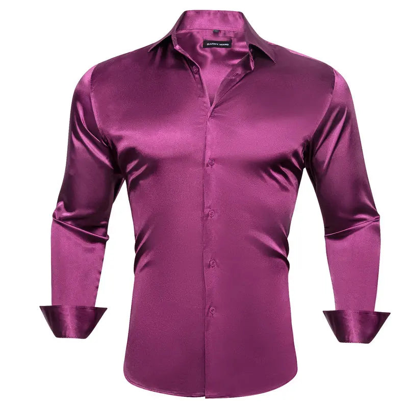 maoxiangshop Luxury Shirts for Men Silk Satin Solid Plain Red Green Yellow Purple Slim Fit Male Blouses Turn Down Collar Casual Tops