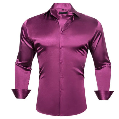 maoxiangshop Luxury Shirts for Men Silk Satin Solid Plain Red Green Yellow Purple Slim Fit Male Blouses Turn Down Collar Casual Tops