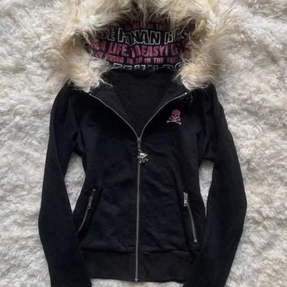 maoxiangshop  -  Y2k Warm with Fur Collar Short Fashion Sweatshirts Winter Long Sleeved Couple Tops Solid Zip Up Slim and Versatile Hoodies women