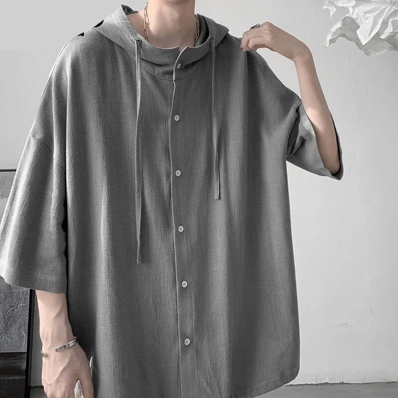 Summer Japanese Style Vintage Oversized Harajuku Shirt Men Casual Loose Hooded Blouse All Match Fashion Streetwear Male Clothes