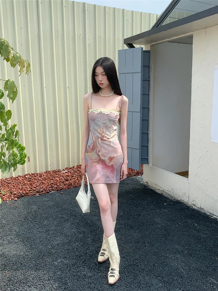 Summer French Vintage Mini Prom Gown Spaghetti Strap Dress Tie Dye Women Coquette Frocks Party Evening Hot Sexy One-Piece Y2k