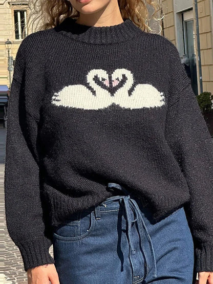maoxiangshop  -  Casual Knitted Printed Half Neck Sweater Women Vintage Loose Black Swans Pullover Sweaters Female Autumn Chic Elegant Knitwear