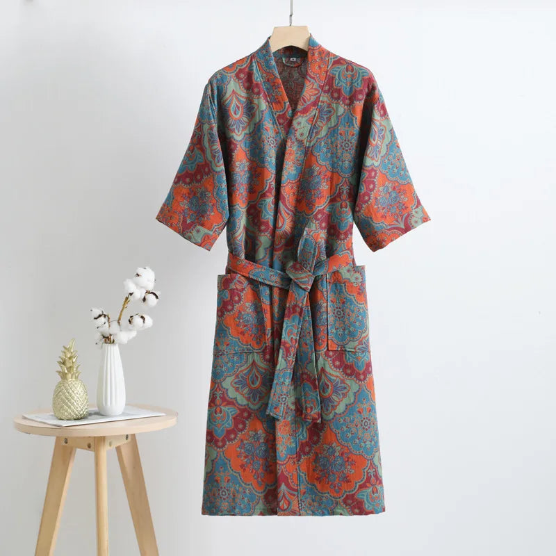 Couple's Dressing Gowns Vintage Print Loungewear Double Layer of Cotton Bathrobes Women's Pajamas Absorb Water and Dry Quickly