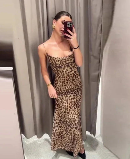 Sexy Leopard Print Gauze Sling Dress Women Sleeveless Backless Hip Package Party Dresses Female Summer Fashion Evening Robe